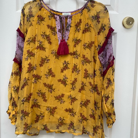 Sundance Vibrant Yellow and Purple Floral Dreams Ruffle Blouse - Size L - Picture 2 of 6
